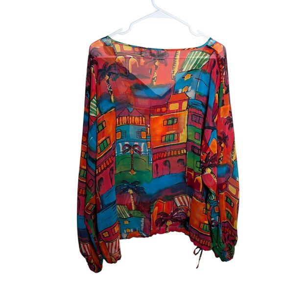Chico's Blouse Women's 3 Colorful 100% Silk V-Neck Art To Wear Printed Top - Picture 5 of 8